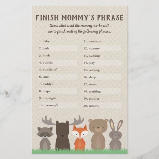 Woodland Baby Shower beendet Mommy's Phrase Game Flyer (Vorne)