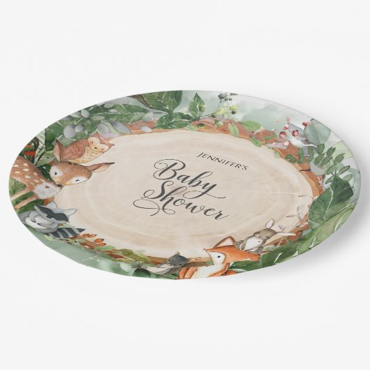Woodland Baby Shower Classic Round Pappteller (Schrägansicht)