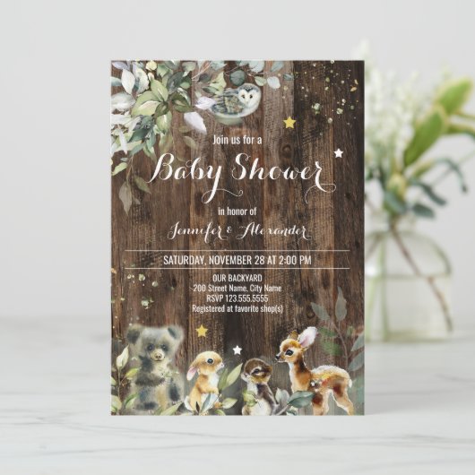 Woodland Baby Shower Einladung (Stehend Vorderseite)