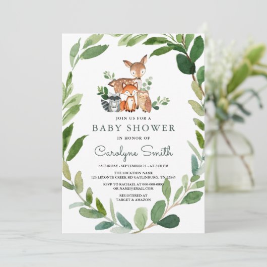 Woodland Baby Shower Einladung (Stehend Vorderseite)