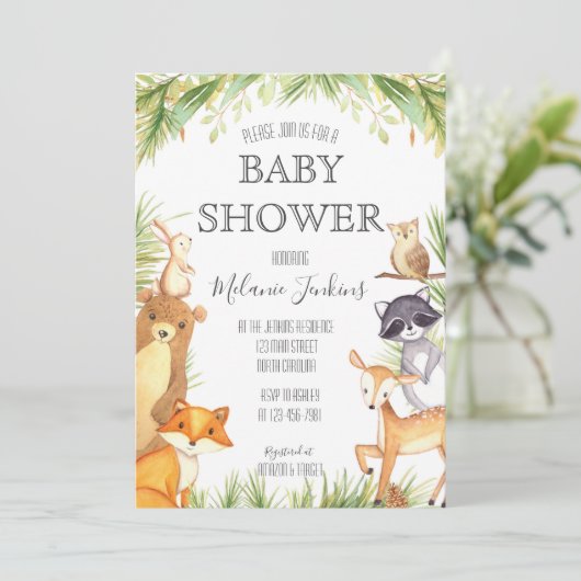 Woodland Baby Shower Einladung (Stehend Vorderseite)
