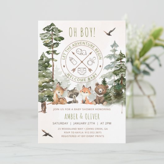 Woodland Baby Shower Einladung Camping einladen (Stehend Vorderseite)