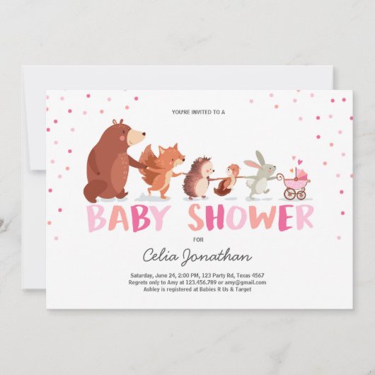 Woodland Baby Shower Einladung Girl pink Animes (Vorderseite)