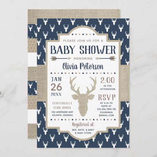 Woodland Baby Shower Einladung, Marine, Burlap Einladung (Vorne/Hinten)