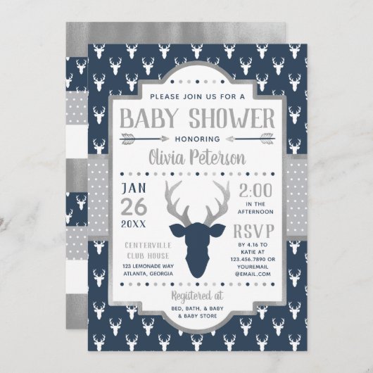 Woodland Baby Shower Einladung, Marine, Grau Einladung (Vorne/Hinten)