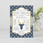 Woodland Baby Shower Einladung, Marine, Grau, Gold Einladung (Stehend Vorderseite)