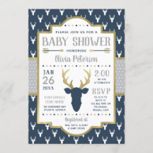 Woodland Baby Shower Einladung, Marine, Grau, Gold