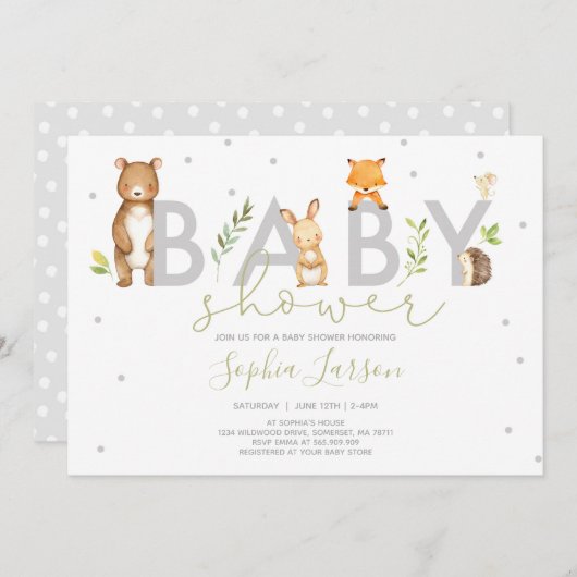 Woodland Baby Shower Einladung Waldtiere (Vorne/Hinten)