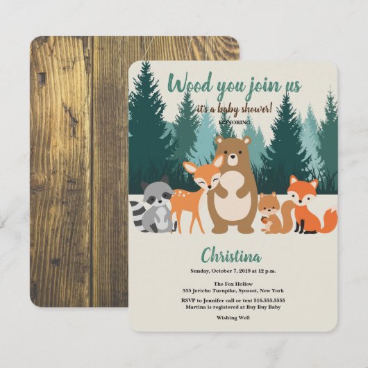 Woodland Baby Shower Forest Animals Grüne Invit Einladung (Vorne/Hinten)