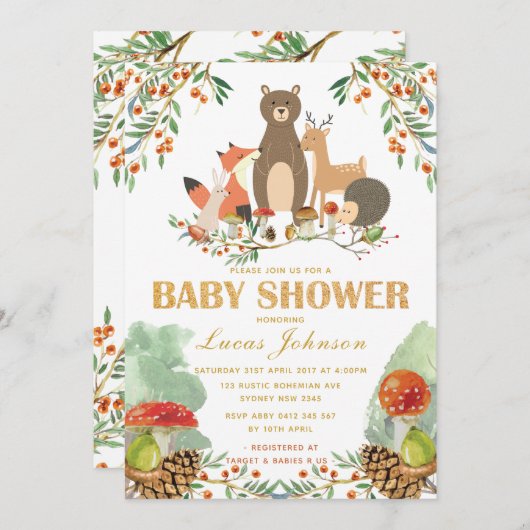 Woodland Baby Shower Forest Animes Einladung (Vorne/Hinten)