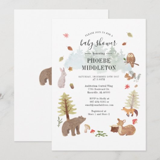 Woodland Baby Shower Forest Animes Einladung (Vorne/Hinten)