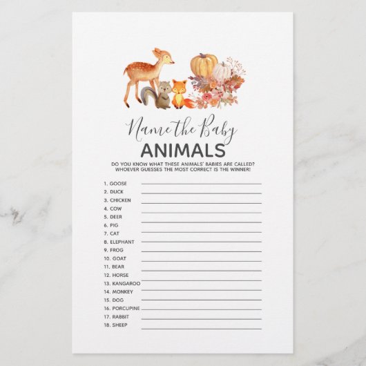 Woodland Baby Shower Game - Name the Baby Animals (Vorderseite)