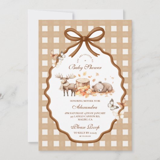 Woodland Baby Shower Gingham Fall Einladung (Vorderseite)