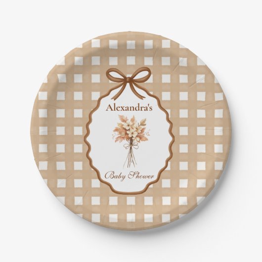 Woodland Baby Shower Gingham Neutral Pappteller (Vorderseite)