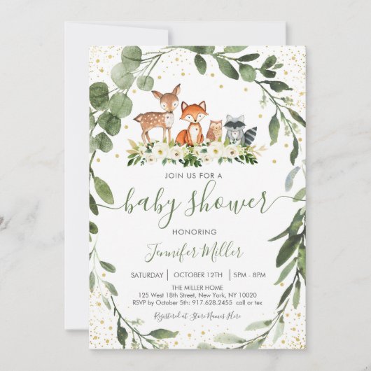 Woodland Baby Shower Grünwald Tier Einladung (Vorderseite)