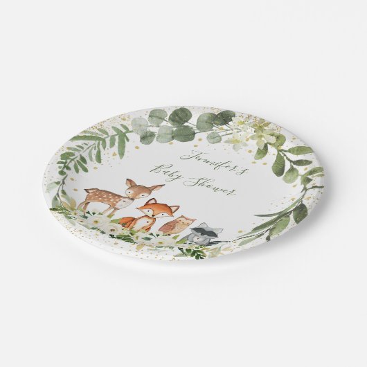 Woodland Baby Shower Grünwald Tier Pappteller (Schrägansicht)