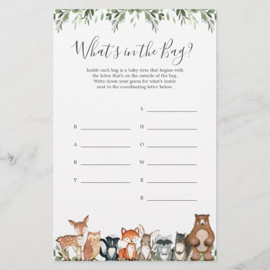Woodland Baby Shower rät, was im Bag Game ist (Vorderseite)