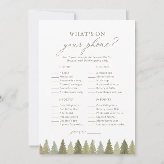 Woodland Baby Shower Was auf Ihrem Handyspiel steh Einladung (Vorderseite)