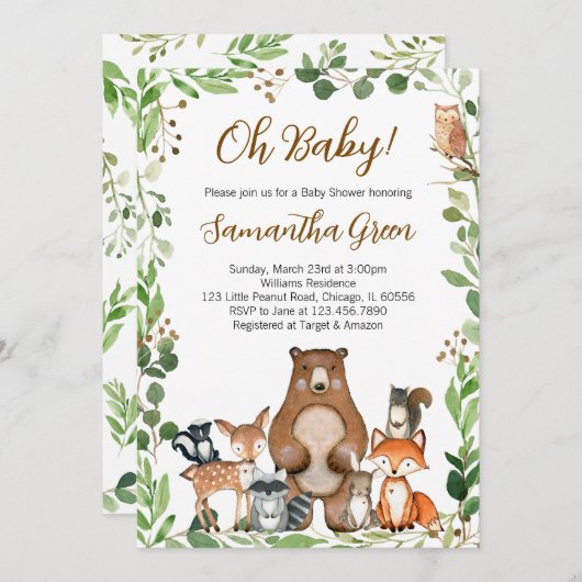 Woodland Babydusche Einladung (Vorne/Hinten)