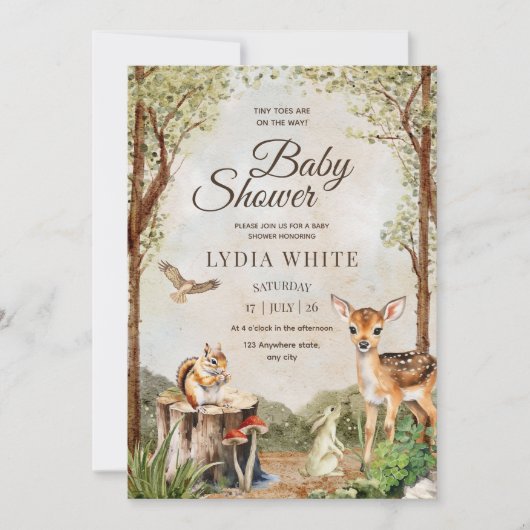 Woodland Babydusche Einladung, geschlechtsneutral Einladung (Vorderseite)