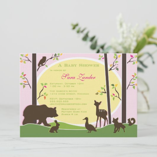 Woodland Babydusche Einladung| Mädchen Einladung (Stehend Vorderseite)