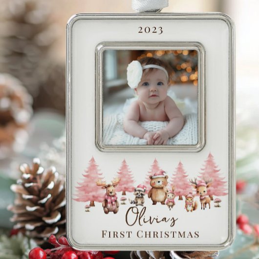 Woodland Baby's 1ST Christmas 2 Sided Foto Rahmen-Ornament Silber