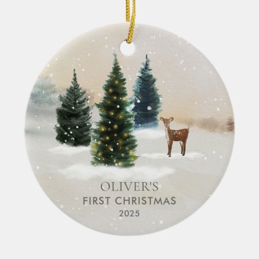 Woodland Baby's First Christmas Photo Keramik Ornament (Vorne)