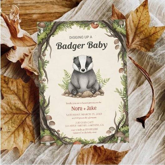 Woodland badger baby shower einladung