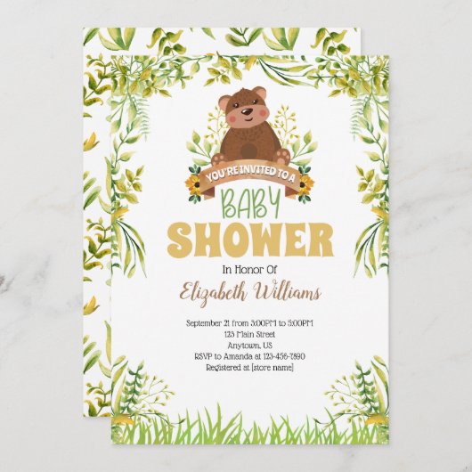 Woodland Bear Baby Dusche Einladung (Vorne/Hinten)
