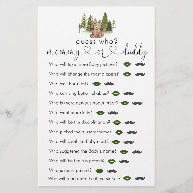 Woodland Bear Baby Dusche "raten Sie, wer" Spiel (Vorderseite)