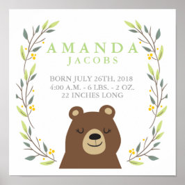 Woodland Bear Baby Stats Poster