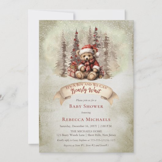Woodland Bear Bear Bearly Wait Holiday Boy Baby Du Einladung (Vorderseite)