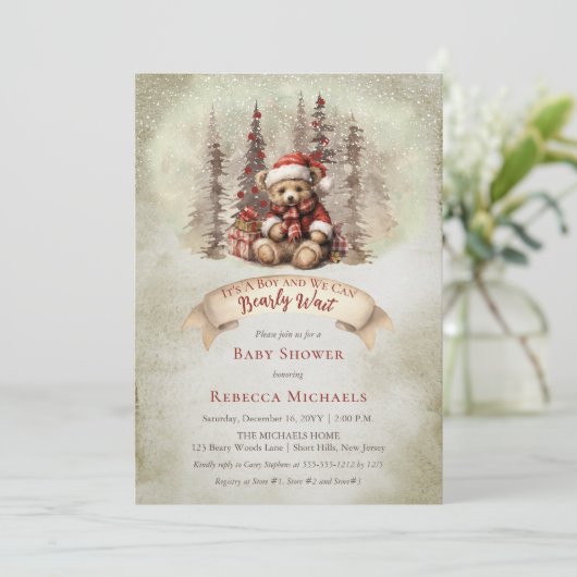 Woodland Bear Bear Bearly Wait Holiday Boy Baby Du Einladung (Stehend Vorderseite)