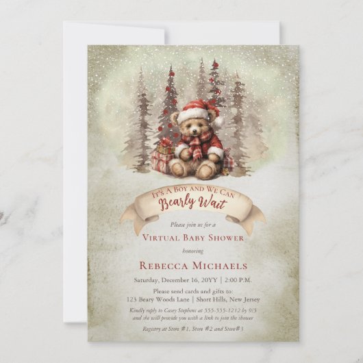 Woodland Bear Bear Bearly Wait Virtual Boy Baby Du Einladung (Vorderseite)