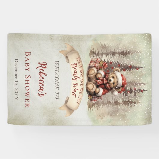 Woodland Bear Bearly Wait Holiday Boy Baby Shower Banner (Horizontal)