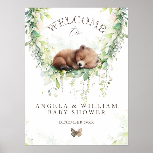 Woodland Bear Greenery Baby Boy Dusche Willkommen Poster (Vorne)