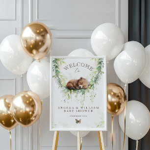 Woodland Bear Greenery Baby Boy Dusche Willkommen Poster