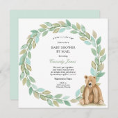 Woodland Bear Greenery Wreath Baby Shower by Mail Einladung (Vorne/Hinten)