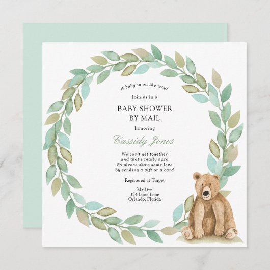 Woodland Bear Greenery Wreath Baby Shower by Mail Einladung (Vorne/Hinten)