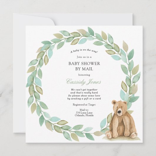 Woodland Bear Greenery Wreath Baby Shower by Mail Einladung (Vorderseite)