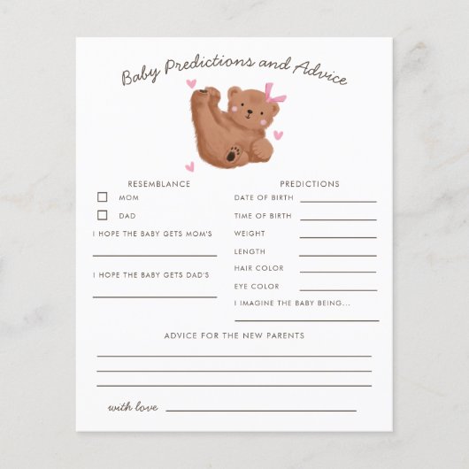 Woodland Bear Pink Baby Predictions & Advice Card (Vorderseite)