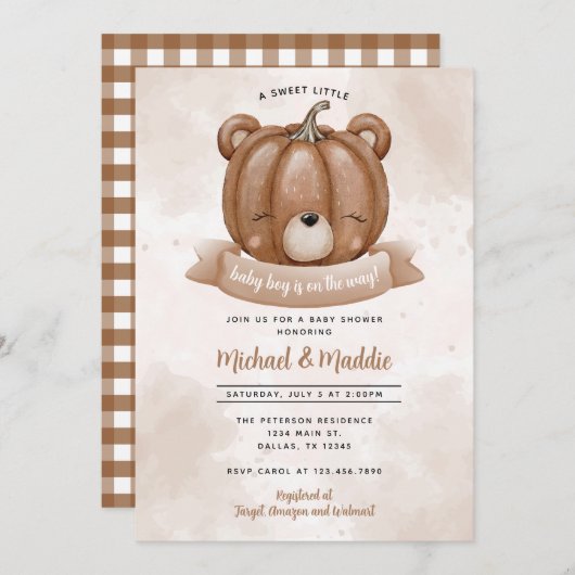 Woodland Bear Pumpkin Baby Dusche Einladung (Vorne/Hinten)
