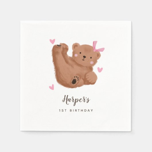 Woodland Bear Theme Girl Birthday Party Serviette (Vorderseite)
