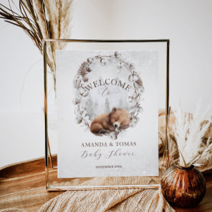 Woodland Bear Winter Baby Dusche Willkommen Poster