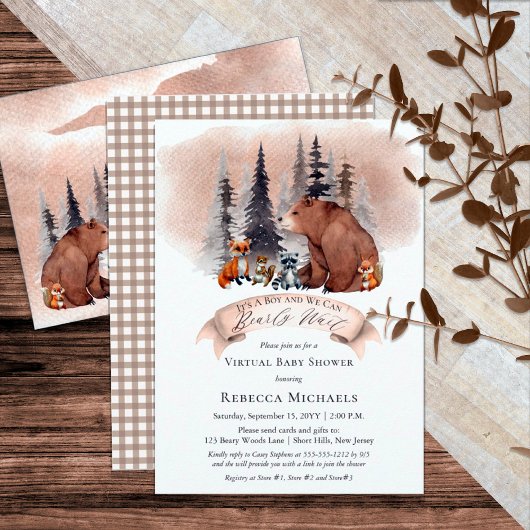 Woodland Bearly Wait Virtual Boy Baby Dusche Einladung