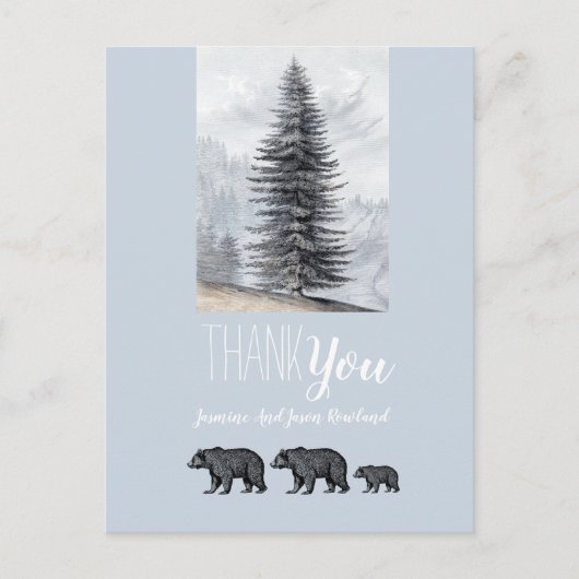 Woodland Bears Baby Dusche Danke Blue Gray Postkarte (Vorderseite)