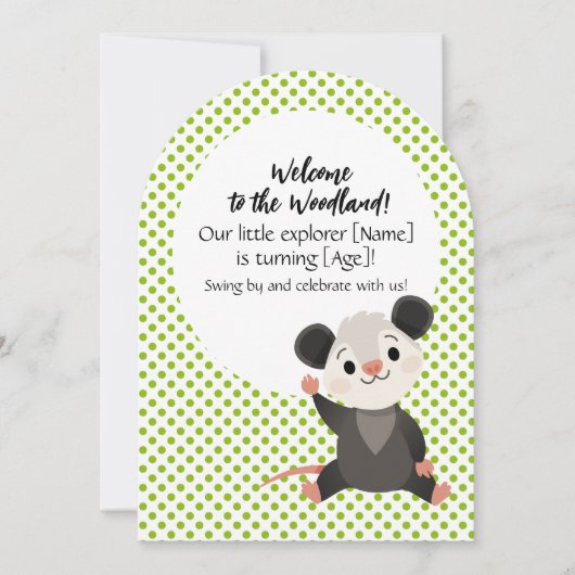 Woodland Birthday Invitation – Cute Opossum  Einladung (Vorderseite)