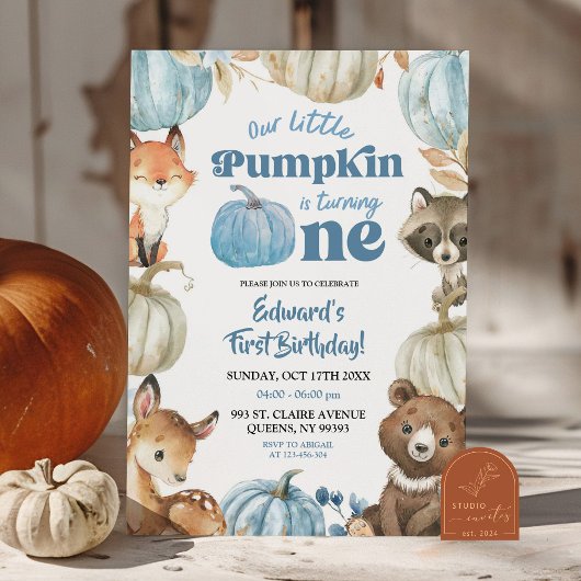 Woodland Blue Boho Pumpkin Boy 1. Geburtstag Einladung