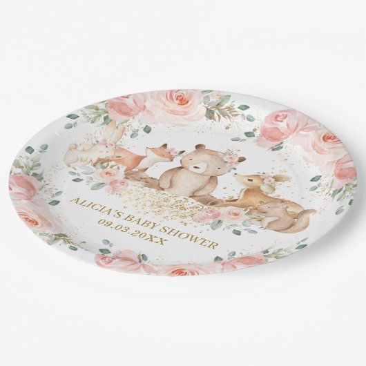 Woodland Blush Pink Bläschen Baby Dusche Geburtsta Pappteller (Schrägansicht)