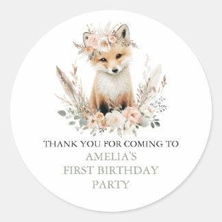 Woodland Boho Fox Girl Geburtstag Personalisiert Runder Aufkleber
